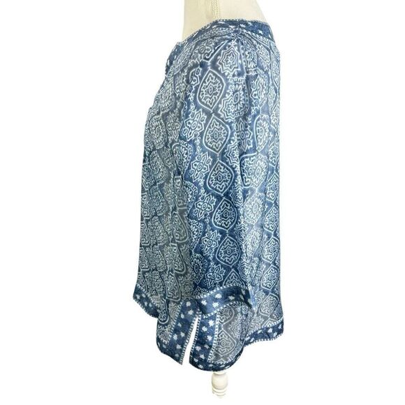 Gretchen Scott Blue Print Silk Tunic Top Semi Sheer Resort Beachy Size L - Picture 5 of 9